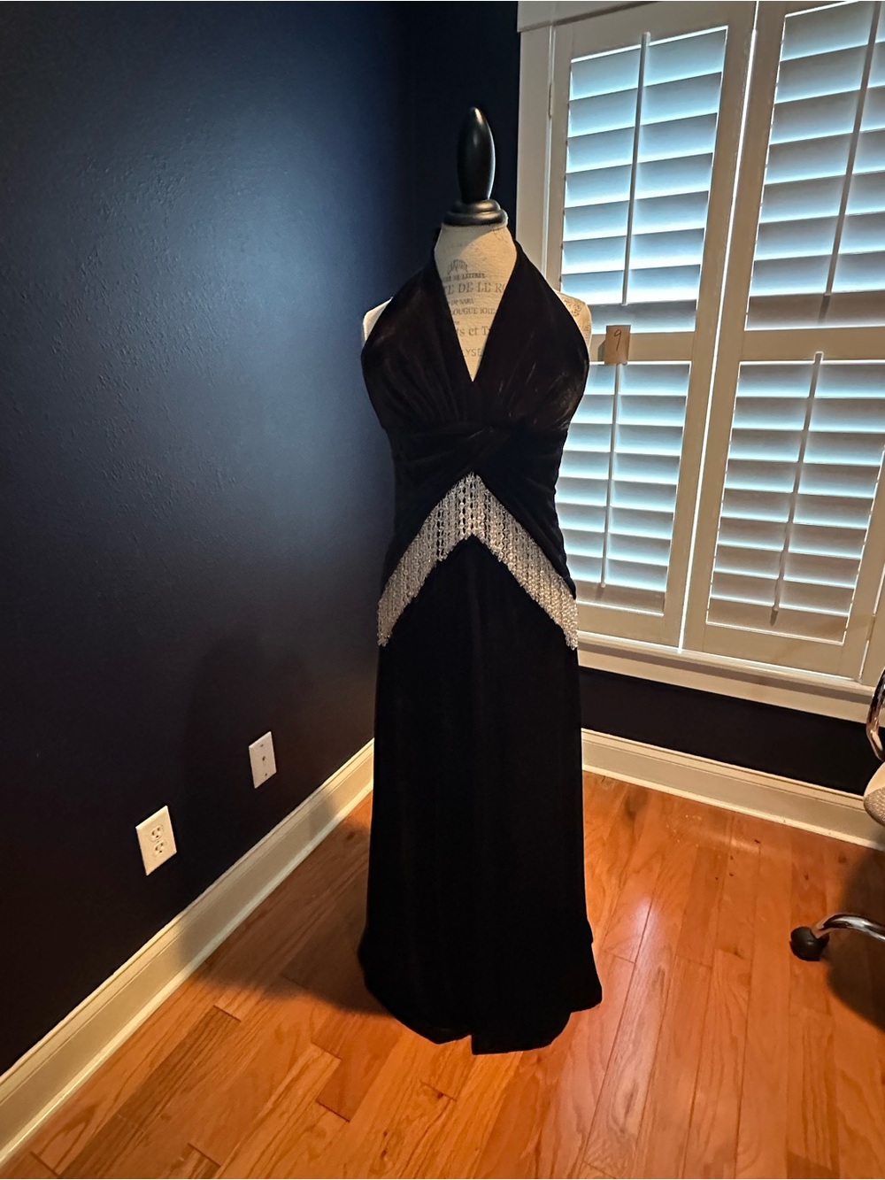 PatBO Black Maxi Formal Halter Dress with Silver Beaded Waist